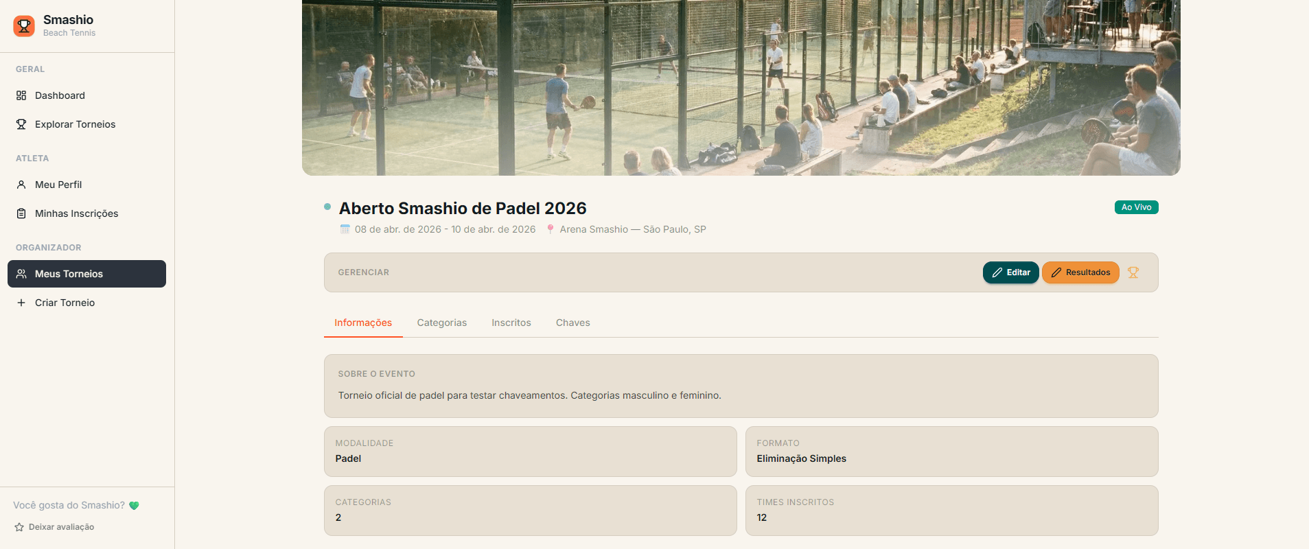 Smashio — painel do organizador